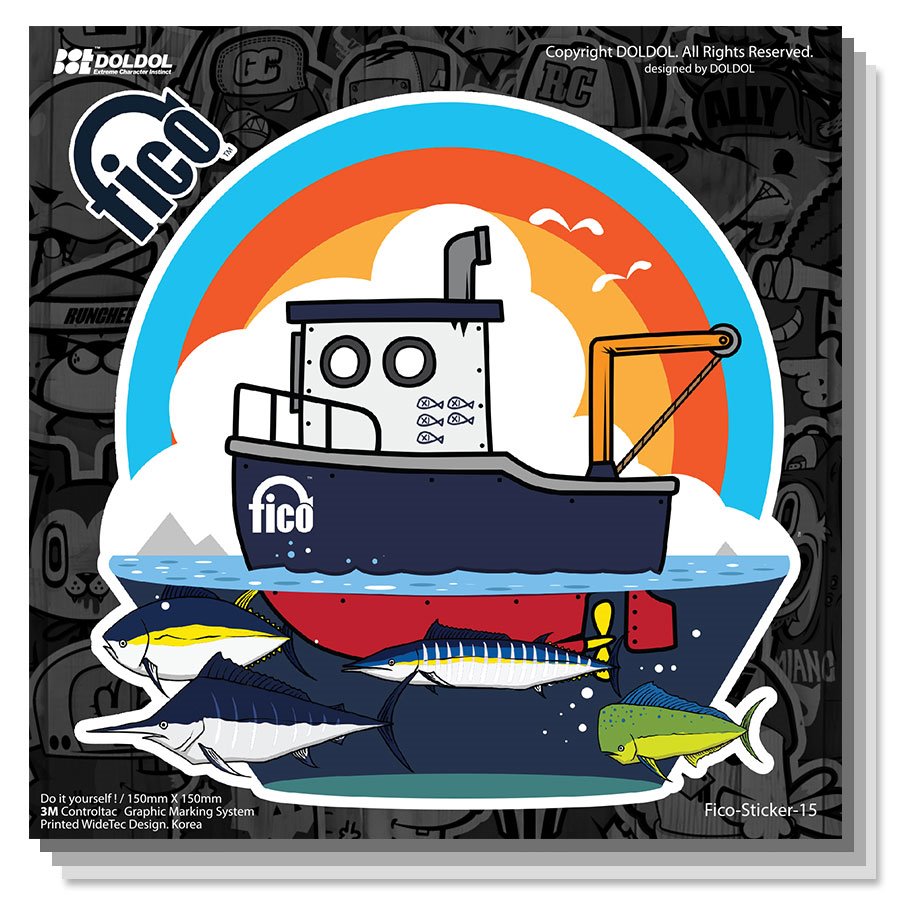 [그래피커] 25-FICO-Sticker-02 익스트림 낚시 브랜드 피코 캠핑 아이스박스 쿨러 워터저그 여행가방 청새치 물고기 캐릭터 UV 스티커 스킨 데칼
